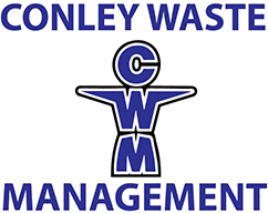 A blue and white logo of onley waste management.