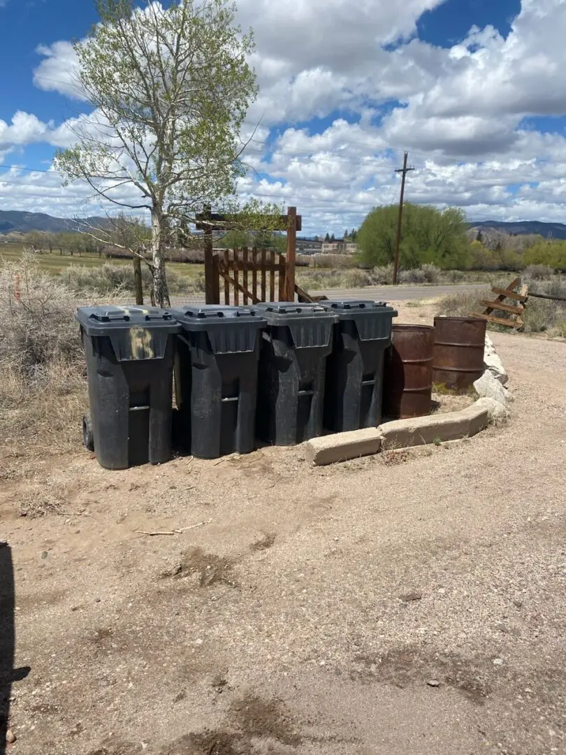 A bunch of trash cans sitting in the dirt.